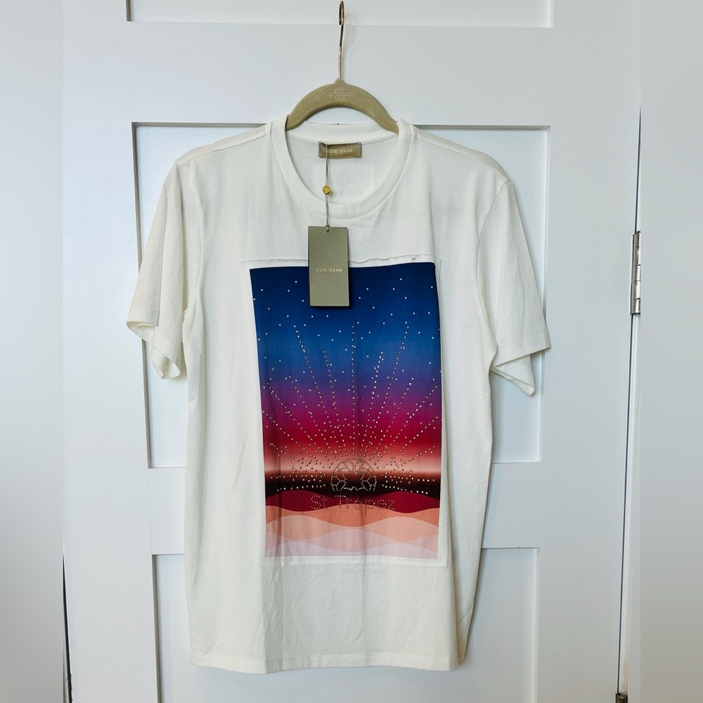 Elie Saab Cream Tee with Red and Blue Starry Graphic